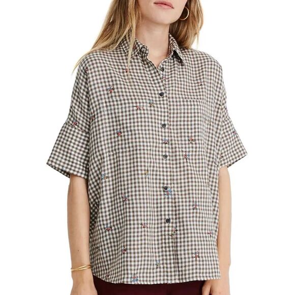 Madewell Tops - Madewell Floral Embroidered Gingham Courier Shirt | Brown in Small